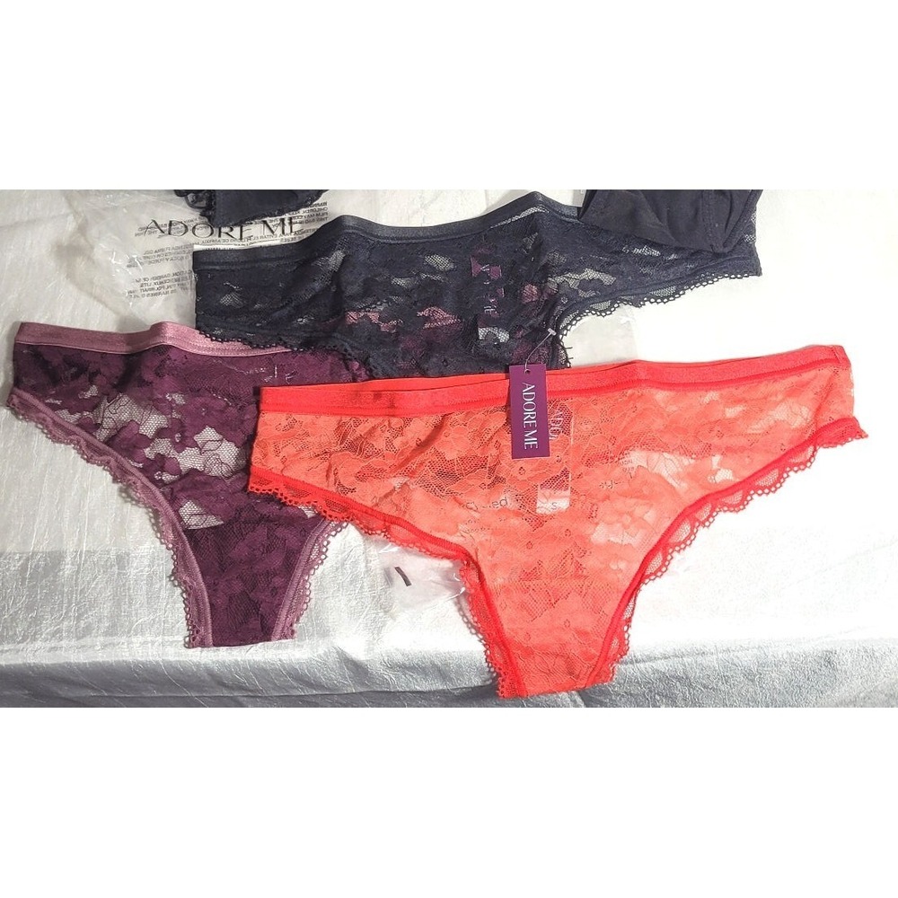 Adore Me 3 Pack Cori Allover Lace Pack Thong Panties - Black, Plum, Red - Small